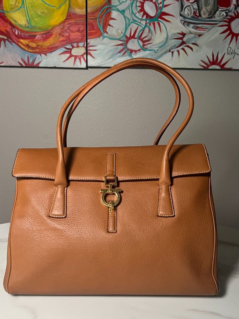 Salvatore Ferragamo Gancini Brown Leather Satchel Top Handle Shoulder Bag - Picture 2 of 16
